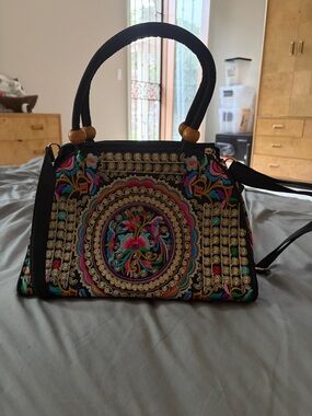Embroidered Black Multicolor Satchel Handbag